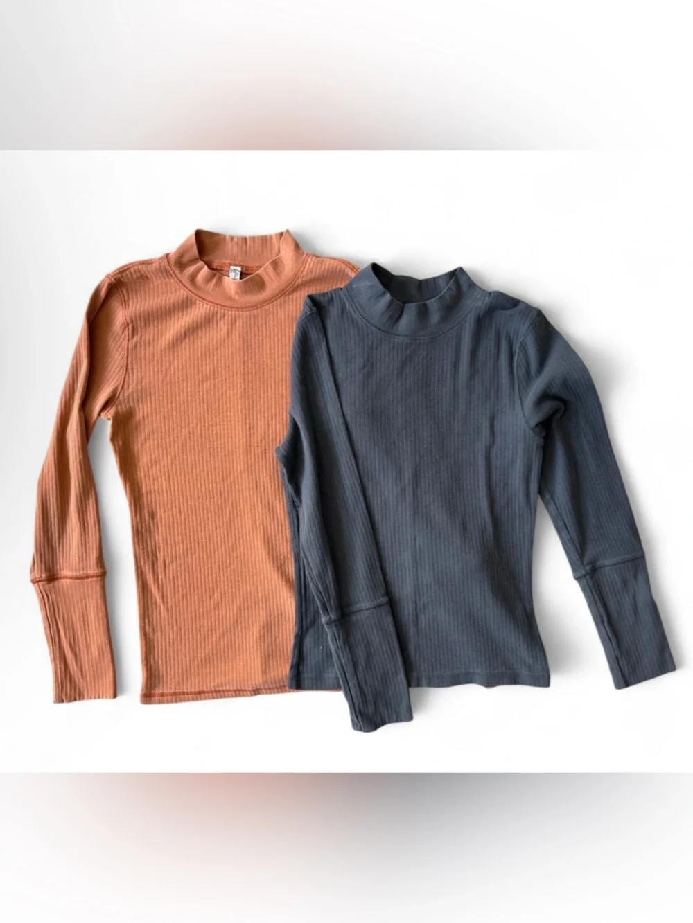 FREE PEOPLE Ribbed Mock Neck Long Sleeve Sweater - Rust and Charcoal - Medium